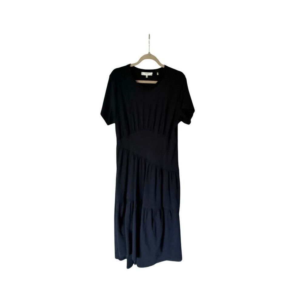 Frame Womens Black Short Sleeve Gathered Seam Asymmetric Tiered Midi Dress XL